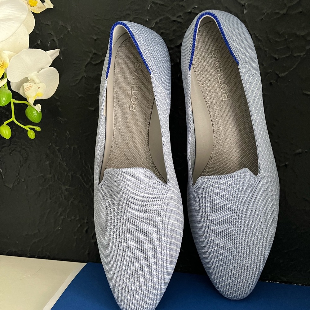 Rothy's Almond Seaside Blue Loafers.